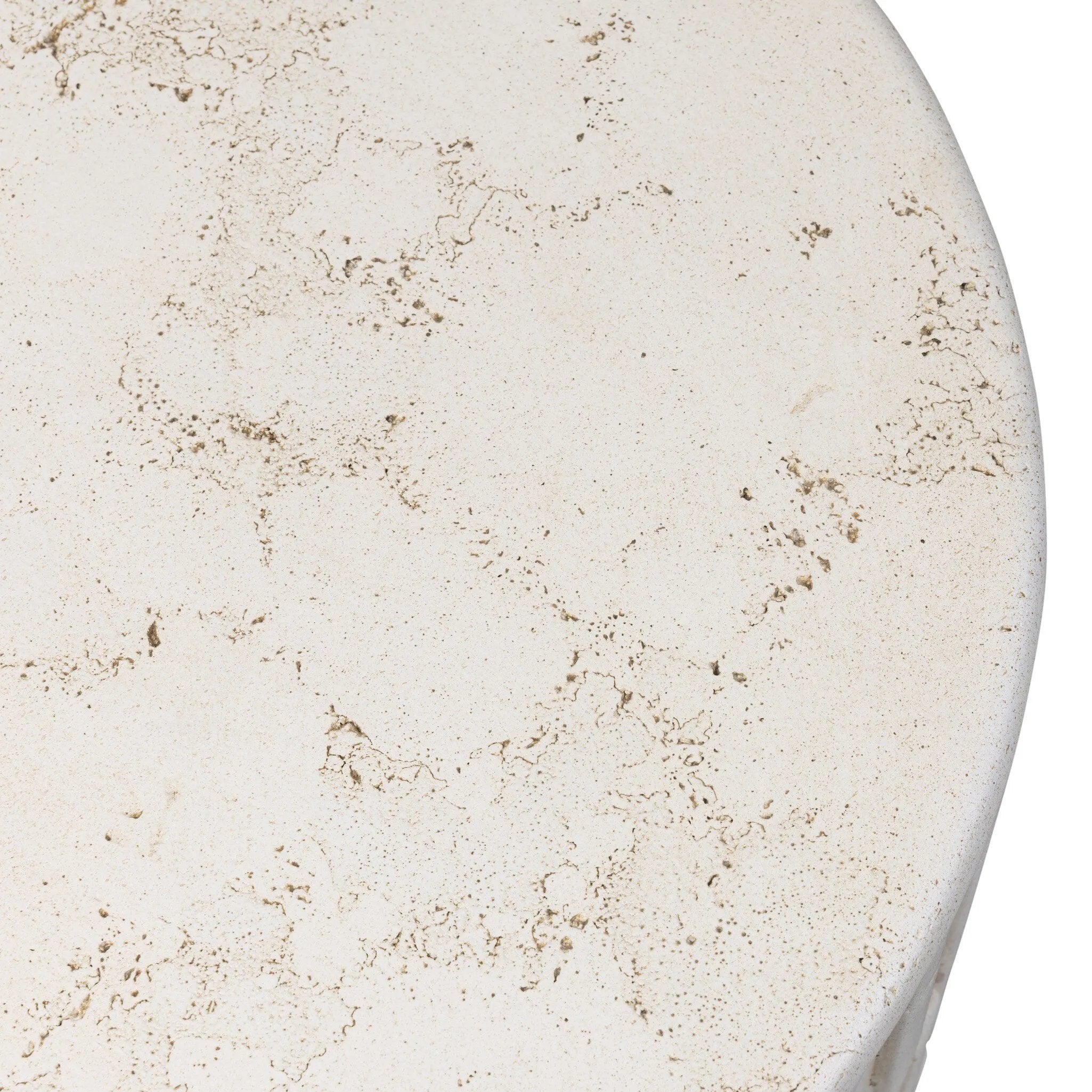 Cast concrete shapes a drum-style outdoor end table, with a linear pattern layered for added texture. Finished with a parchment-like textural feel. Cover or store inside during inclement weather and when not in use.As enthusiasts of luxe style at Amethyst, we love the optimistic inspired Callisto Outdoor End Table - Aged White Concrete. Amethyst Home provides interior design, new home construction design consulting, vintage area rugs, and lighting in the Charlotte metro area.