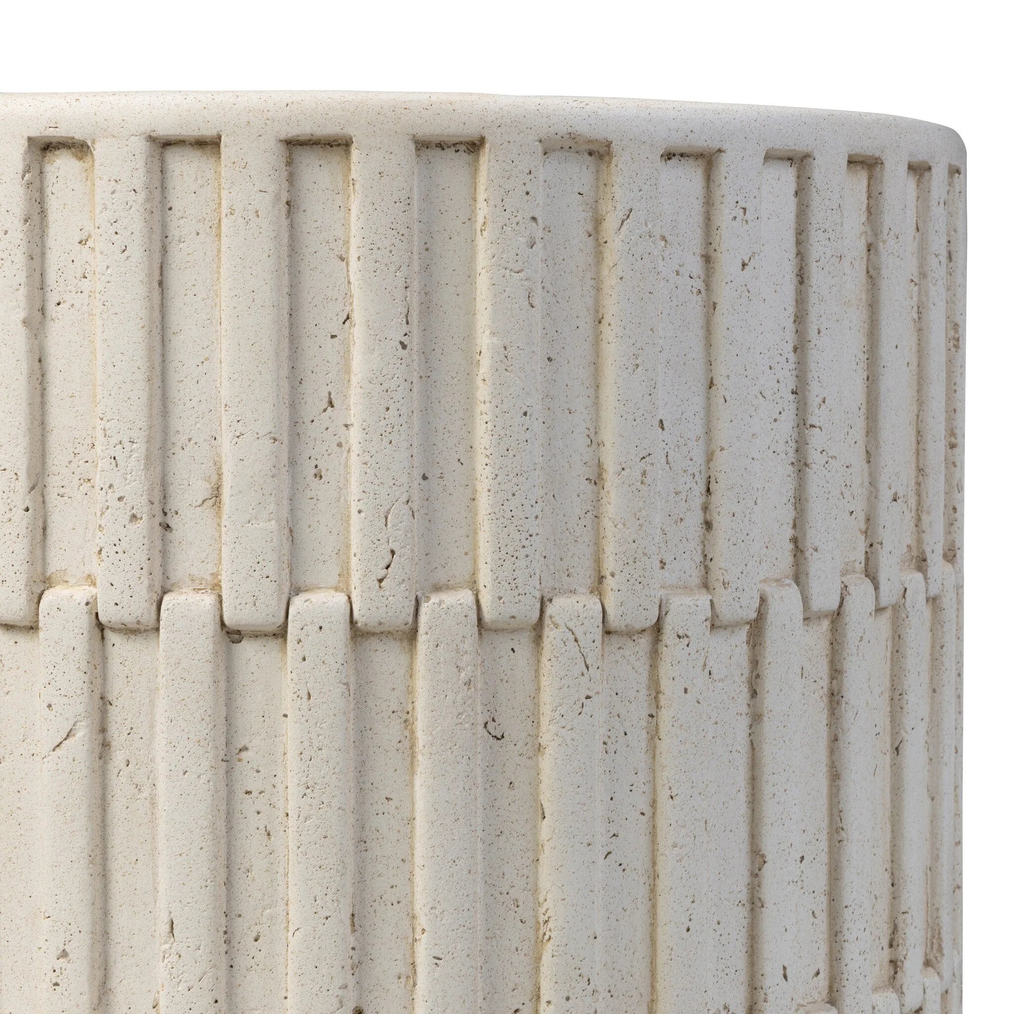 Cast concrete shapes a drum-style outdoor end table, with a linear pattern layered for added texture. Finished with a parchment-like textural feel. Cover or store inside during inclement weather and when not in use.As enthusiasts of luxe style at Amethyst, we love the optimistic inspired Callisto Outdoor End Table - Aged White Concrete. Amethyst Home provides interior design, new home construction design consulting, vintage area rugs, and lighting in the Los Angeles metro area.