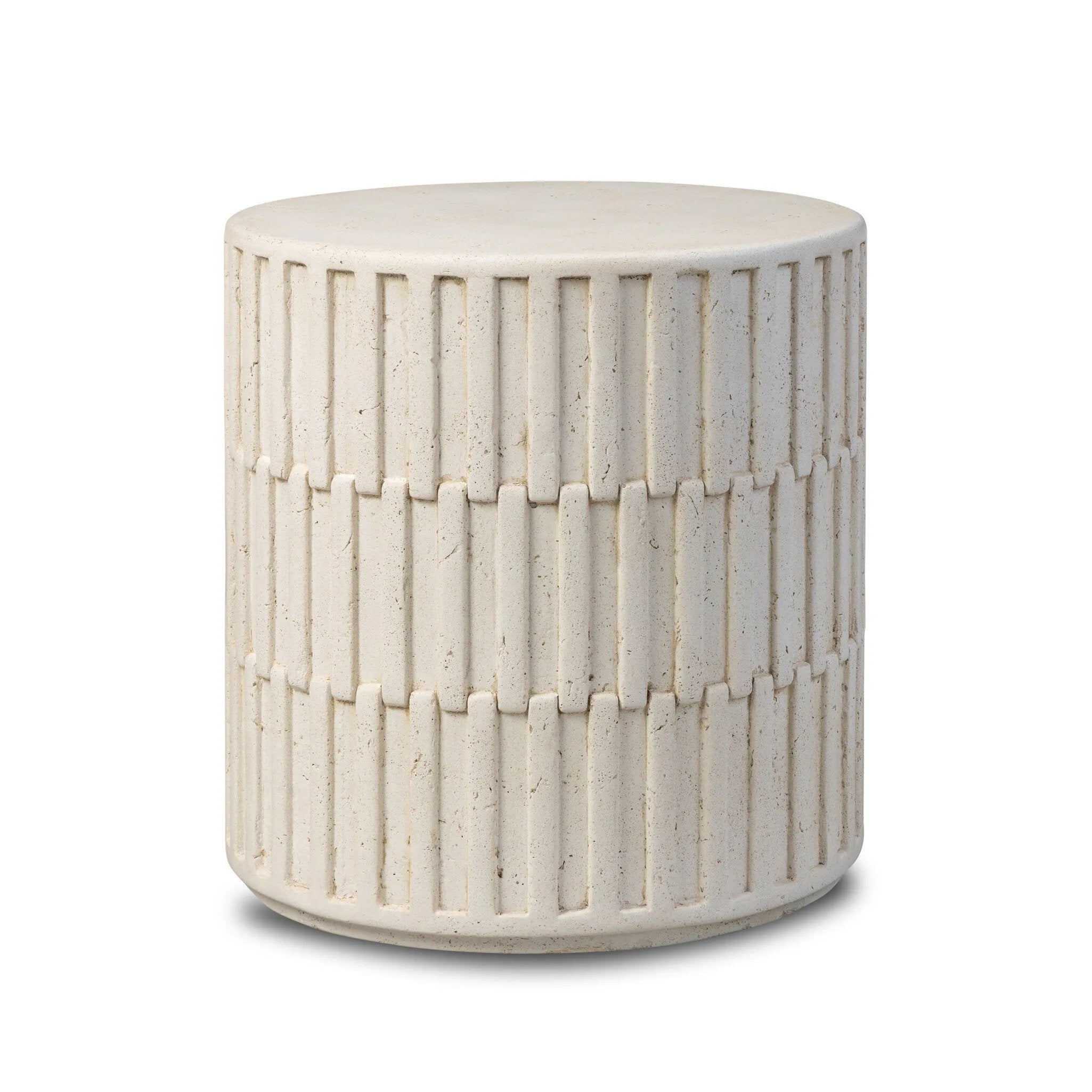 Cast concrete shapes a drum-style outdoor end table, with a linear pattern layered for added texture. Finished with a parchment-like textural feel. Cover or store inside during inclement weather and when not in use.As enthusiasts of luxe style at Amethyst, we love the optimistic inspired Callisto Outdoor End Table - Aged White Concrete. Amethyst Home provides interior design, new home construction design consulting, vintage area rugs, and lighting in the Miami metro area.