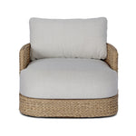 A classic barrel back silhouette meets coastal inspiration with a chunky woven texture. Neutral upholstery and simple shaping make this 360 swivel outdoor chair fit in a number of spaces. Cover or store indoors during inclement weather and when not in use. Amethyst Home provides interior design, new home construction design consulting, vintage area rugs, and lighting in the Boston metro area.