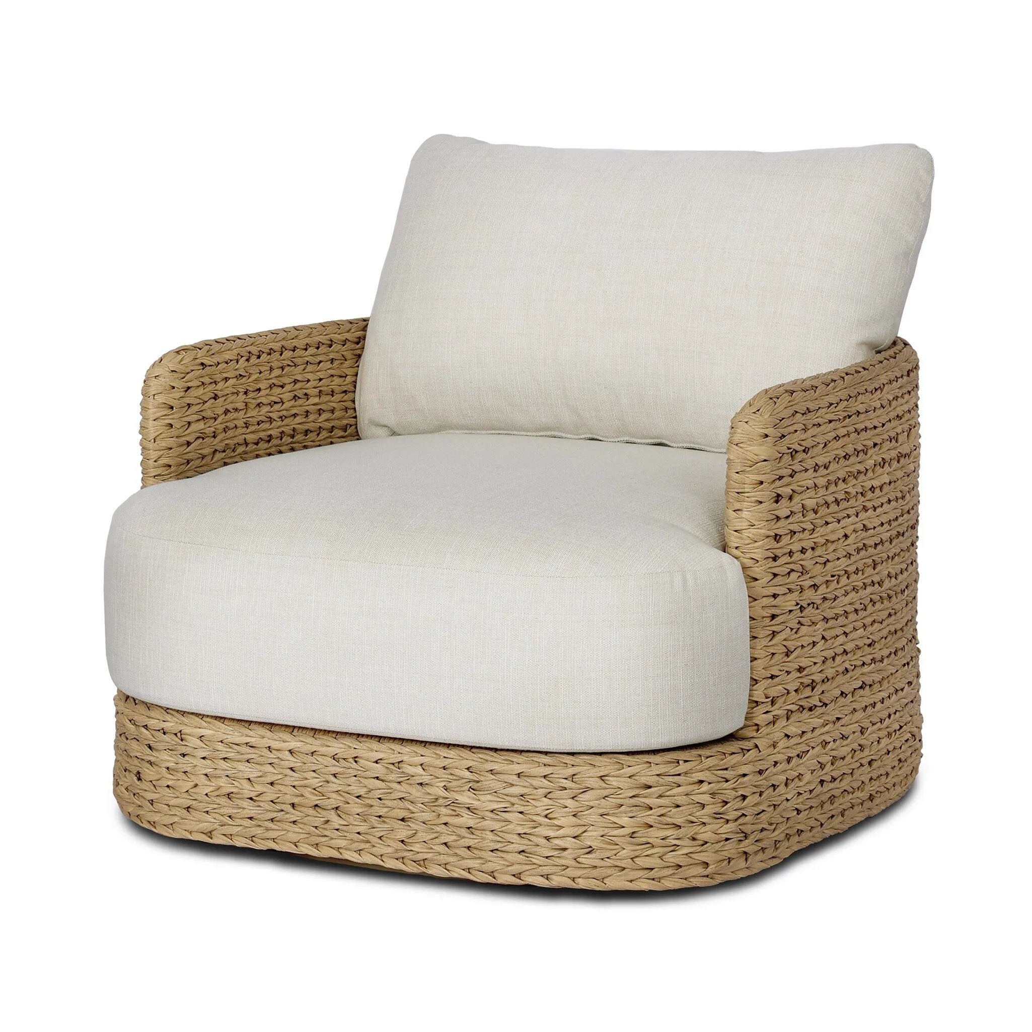 A classic barrel back silhouette meets coastal inspiration with a chunky woven texture. Neutral upholstery and simple shaping make this 360 swivel outdoor chair fit in a number of spaces. Cover or store indoors during inclement weather and when not in use. Amethyst Home provides interior design, new home construction design consulting, vintage area rugs, and lighting in the Omaha metro area.