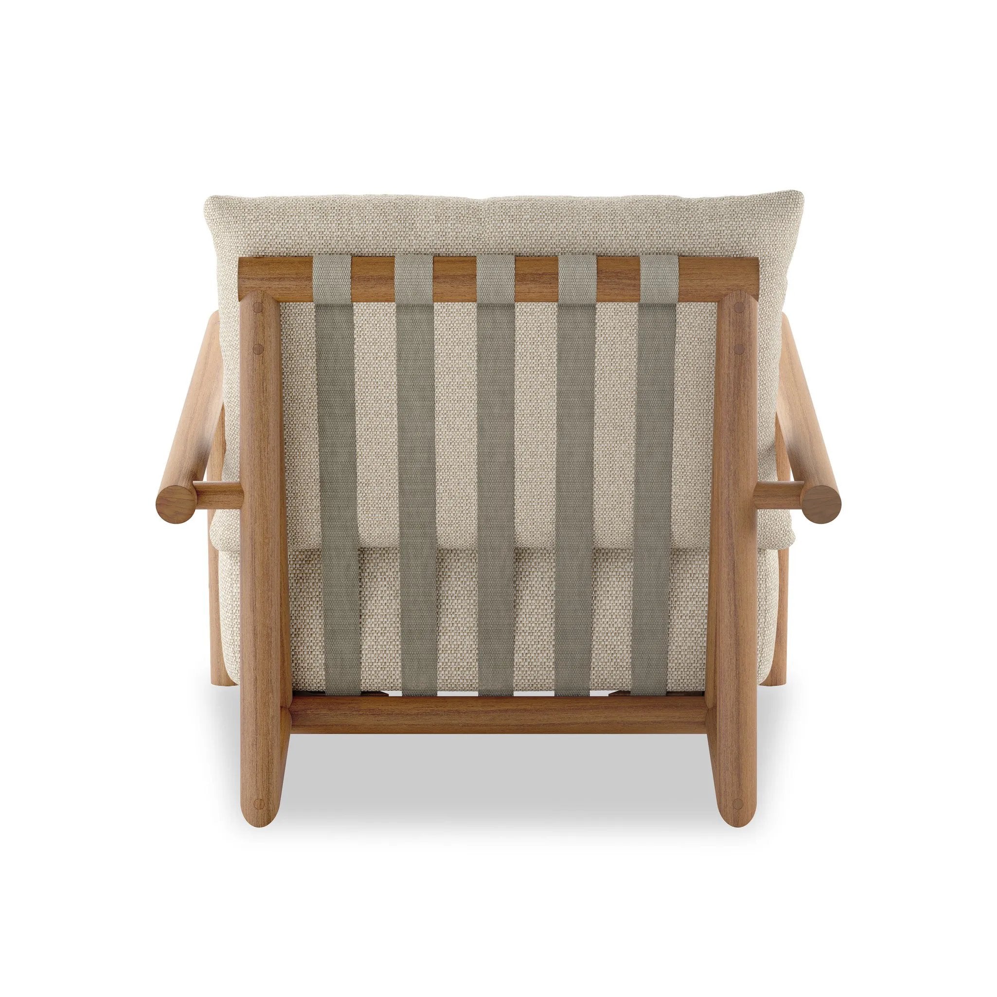 Featuring Cardiff Faye Sand Outdoor Chair by Four Hands at Amethyst Home. Angular FSC®-certified teak framing paired with softened dowel edges crafts a bench-made, transitional outdoor chair. Strap detailing supports the loose, knife-edge back cushion, complemented by a heavy fixed seat cushion — adding a touch of weight to the airy design. Cover or store. Amethyst Home provides interior design, new home construction design consulting, vintage area rugs, and lighting in the Los Angeles metro area.