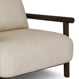 Featuring Cardiff Faye Sand Outdoor Chair by Four Hands at Amethyst Home. Angular FSC®-certified teak framing paired with softened dowel edges crafts a bench-made, transitional outdoor chair. Strap detailing supports the loose, knife-edge back cushion, complemented by a heavy fixed seat cushion — adding a touch of weight to the airy design. Cover or store indoo. Amethyst Home provides interior design, new home construction design consulting, vintage area rugs, and lighting in the Miami metro area.