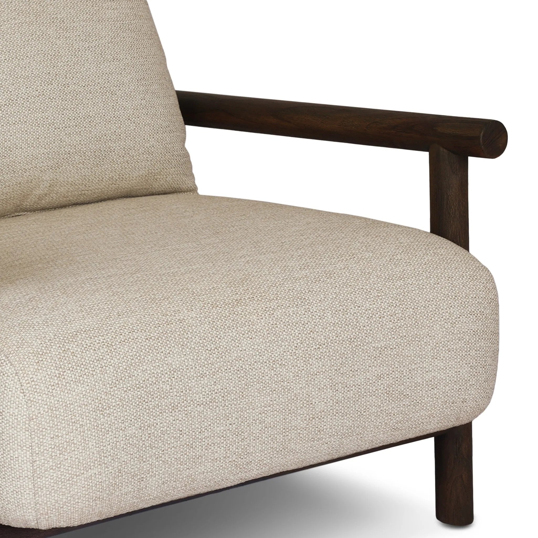 Featuring Cardiff Faye Sand Outdoor Chair by Four Hands at Amethyst Home. Angular FSC®-certified teak framing paired with softened dowel edges crafts a bench-made, transitional outdoor chair. Strap detailing supports the loose, knife-edge back cushion, complemented by a heavy fixed seat cushion — adding a touch of weight to the airy design. Cover or store indoo. Amethyst Home provides interior design, new home construction design consulting, vintage area rugs, and lighting in the Miami metro area.