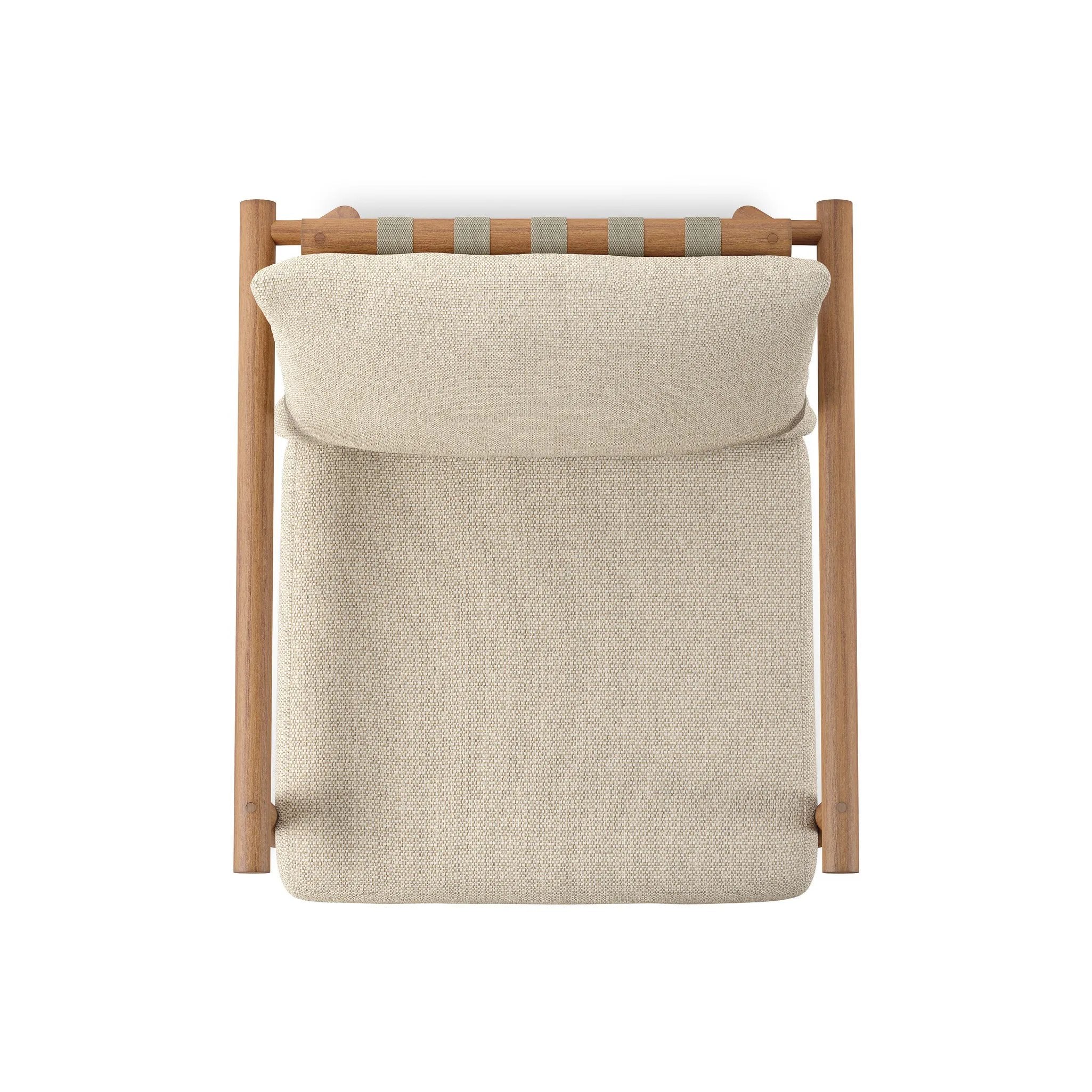 Featuring Cardiff Faye Sand Outdoor Chair by Four Hands at Amethyst Home. Angular FSC®-certified teak framing paired with softened dowel edges crafts a bench-made, transitional outdoor chair. Strap detailing supports the loose, knife-edge back cushion, complemented by a heavy fixed seat cushion — adding a touch of weight to the airy design. Cover or store indoo. Amethyst Home provides interior design, new home construction design consulting, vintage area rugs, and lighting in the Miami metro area.