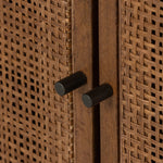 Midcentury-inspired style with an organic twist. Surrounded by brown-washed solid mango casing, cane door fronts weave for a 