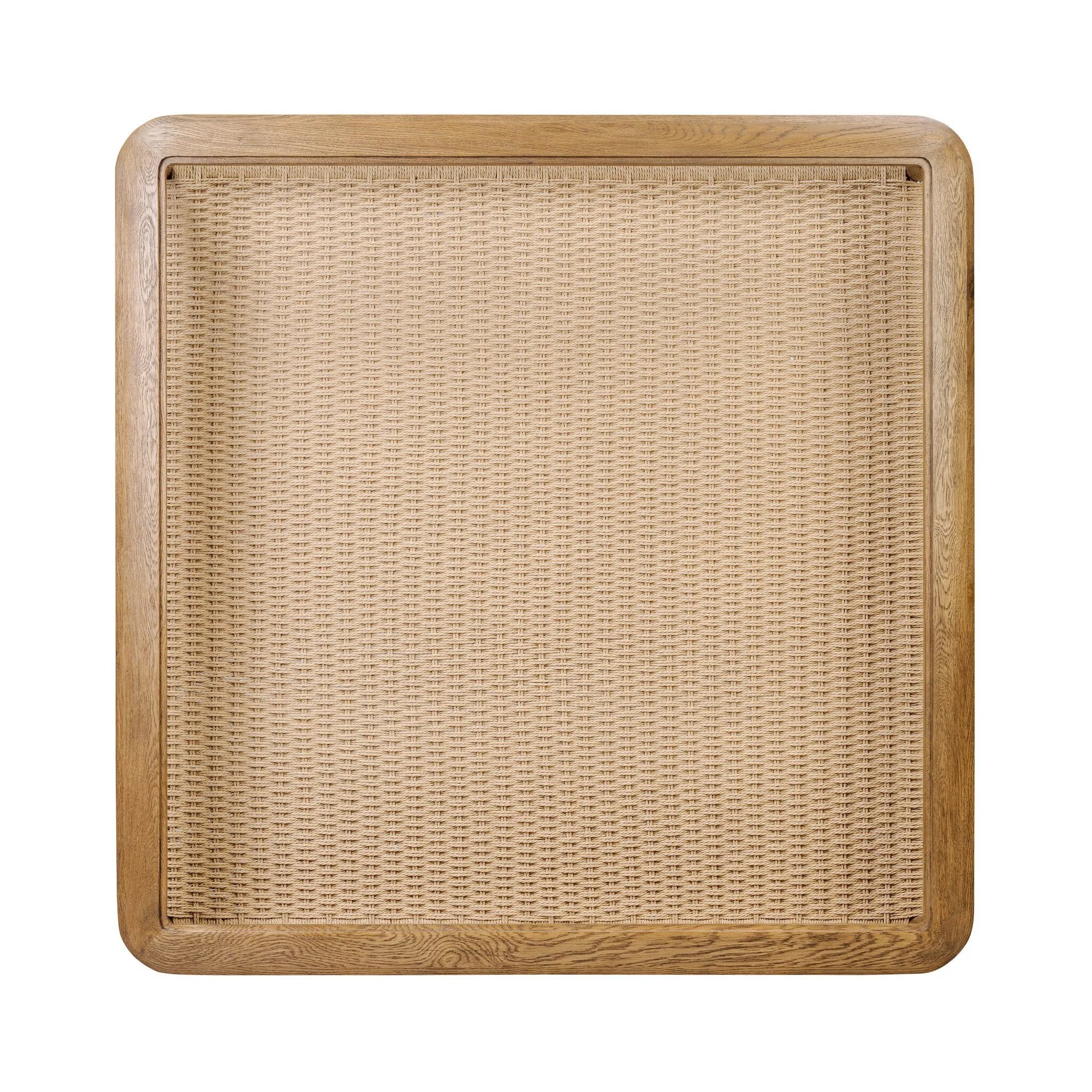 Anchor your space with mixed materials. Made from brown oak, natural paper cord and tempered glass, with shelving for extra storage and display Amethyst Home provides interior design, new home construction design consulting, vintage area rugs, and lighting in the San Diego metro area.