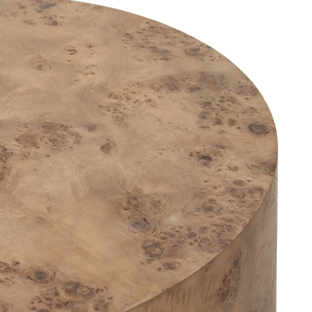 Simple drum shaping showcases the natural artistry of the richly grained caramel burl veneer. Its compact size is ideal for smaller spaces.Collection: Hughe Amethyst Home provides interior design, new home construction design consulting, vintage area rugs, and lighting in the Alpharetta metro area.