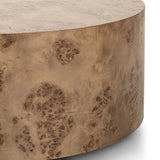 Simple drum shaping showcases the natural artistry of the richly grained caramel burl veneer. Its compact size is ideal for smaller spaces.Collection: Hughe Amethyst Home provides interior design, new home construction design consulting, vintage area rugs, and lighting in the Austin metro area.