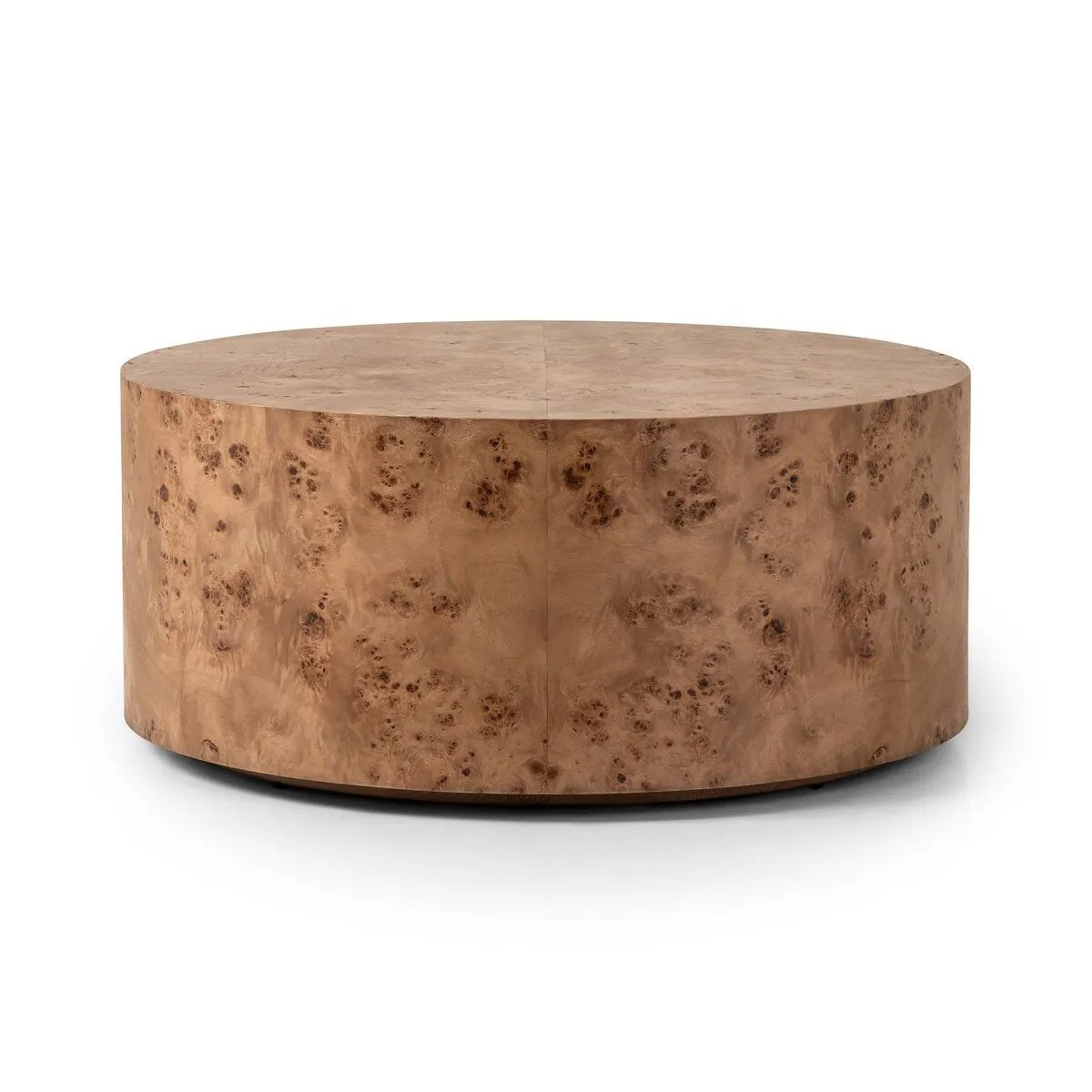 Simple drum shaping showcases the natural artistry of the richly grained caramel burl veneer. Its compact size is ideal for smaller spaces.Collection: Hughe Amethyst Home provides interior design, new home construction design consulting, vintage area rugs, and lighting in the Calabasas metro area.