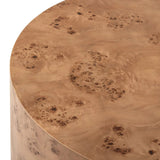 Simple drum shaping showcases the natural artistry of the richly grained caramel burl veneer. Its compact size is ideal for smaller spaces.Collection: Hughe Amethyst Home provides interior design, new home construction design consulting, vintage area rugs, and lighting in the Charlotte metro area.