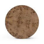 Simple drum shaping showcases the natural artistry of the richly grained caramel burl veneer. Its compact size is ideal for smaller spaces.Collection: Hughe Amethyst Home provides interior design, new home construction design consulting, vintage area rugs, and lighting in the Des Moines metro area.