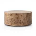 Simple drum shaping showcases the natural artistry of the richly grained caramel burl veneer. Its compact size is ideal for smaller spaces.Collection: Hughe Amethyst Home provides interior design, new home construction design consulting, vintage area rugs, and lighting in the Houston metro area.