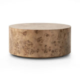 Simple drum shaping showcases the natural artistry of the richly grained caramel burl veneer. Its compact size is ideal for smaller spaces.Collection: Hughe Amethyst Home provides interior design, new home construction design consulting, vintage area rugs, and lighting in the Houston metro area.