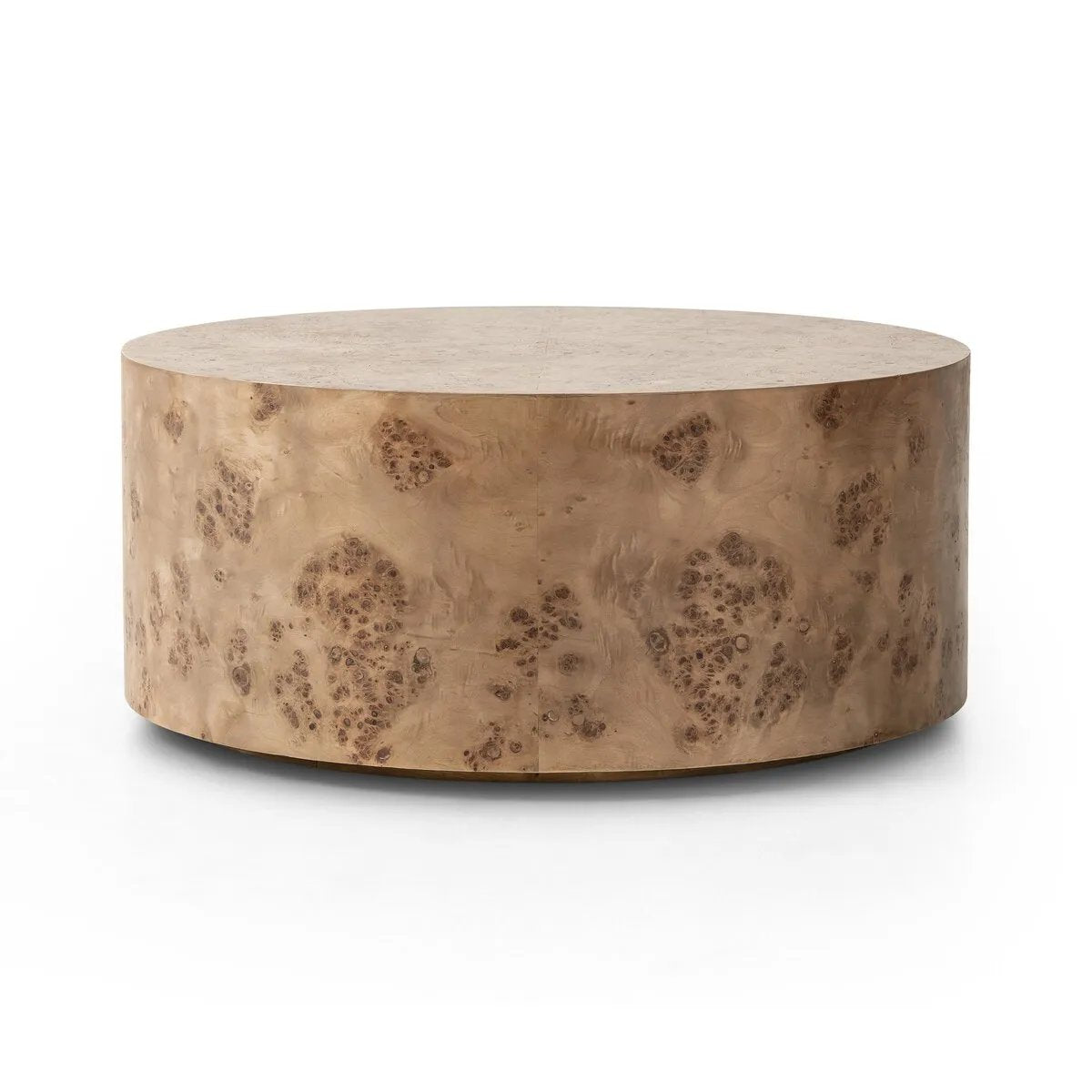 Simple drum shaping showcases the natural artistry of the richly grained caramel burl veneer. Its compact size is ideal for smaller spaces.Collection: Hughe Amethyst Home provides interior design, new home construction design consulting, vintage area rugs, and lighting in the Nashville metro area.