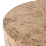 Simple drum shaping showcases the natural artistry of the richly grained caramel burl veneer. Its compact size is ideal for smaller spaces.Collection: Hughe Amethyst Home provides interior design, new home construction design consulting, vintage area rugs, and lighting in the Tampa metro area.