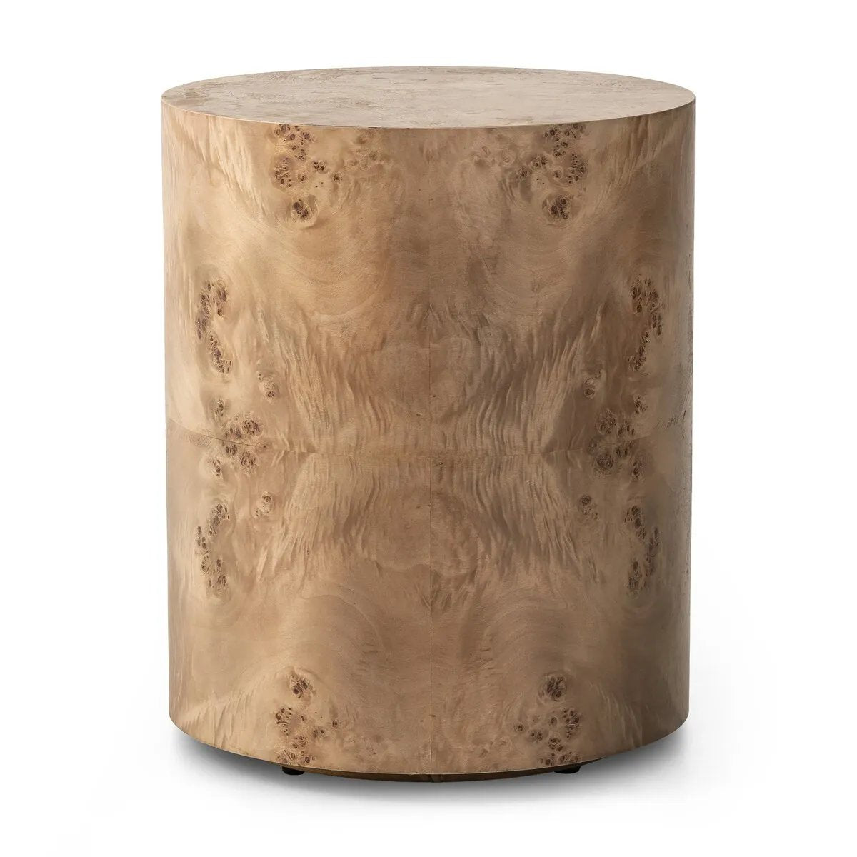A simple drum shape showcases the natural artistry of the richly grained caramel burl veneer. Its compact size is ideal for smaller spaces.Collection: Hughe Amethyst Home provides interior design, new home construction design consulting, vintage area rugs, and lighting in the Calabasas metro area.