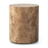 A simple drum shape showcases the natural artistry of the richly grained caramel burl veneer. Its compact size is ideal for smaller spaces.Collection: Hughe Amethyst Home provides interior design, new home construction design consulting, vintage area rugs, and lighting in the Calabasas metro area.