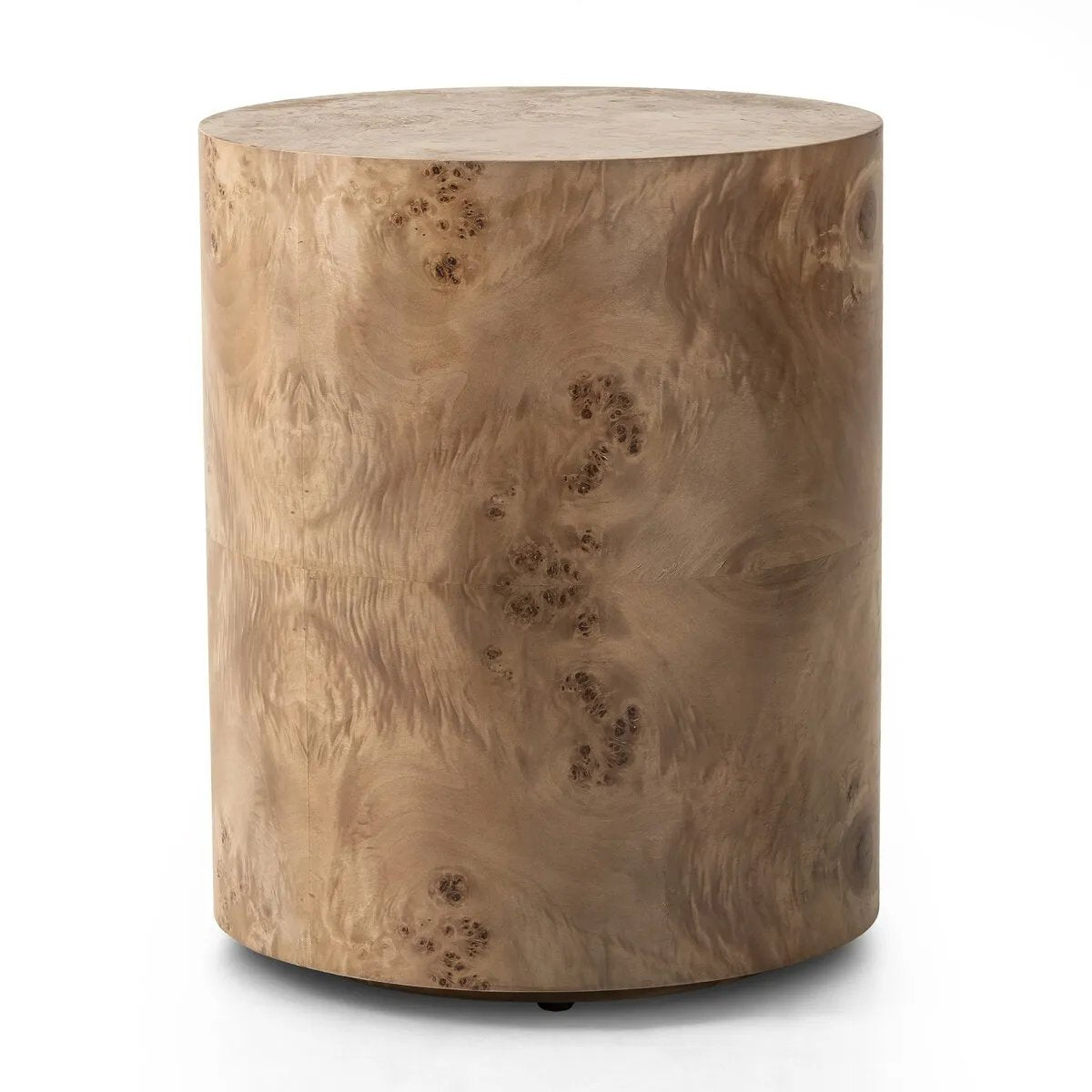 A simple drum shape showcases the natural artistry of the richly grained caramel burl veneer. Its compact size is ideal for smaller spaces.Collection: Hughe Amethyst Home provides interior design, new home construction design consulting, vintage area rugs, and lighting in the Miami metro area.