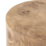 A simple drum shape showcases the natural artistry of the richly grained caramel burl veneer. Its compact size is ideal for smaller spaces.Collection: Hughe Amethyst Home provides interior design, new home construction design consulting, vintage area rugs, and lighting in the Nashville metro area.