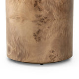 A simple drum shape showcases the natural artistry of the richly grained caramel burl veneer. Its compact size is ideal for smaller spaces.Collection: Hughe Amethyst Home provides interior design, new home construction design consulting, vintage area rugs, and lighting in the Newport Beach metro area.