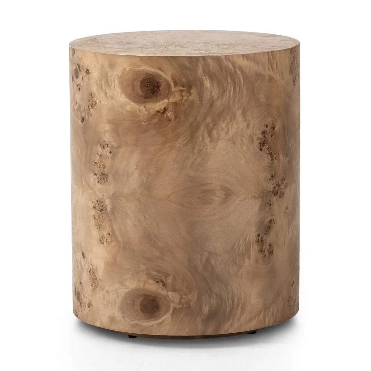 A simple drum shape showcases the natural artistry of the richly grained caramel burl veneer. Its compact size is ideal for smaller spaces.Collection: Hughe Amethyst Home provides interior design, new home construction design consulting, vintage area rugs, and lighting in the Omaha metro area.