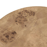A simple drum shape showcases the natural artistry of the richly grained caramel burl veneer. Its compact size is ideal for smaller spaces.Collection: Hughe Amethyst Home provides interior design, new home construction design consulting, vintage area rugs, and lighting in the Salt Lake City metro area.