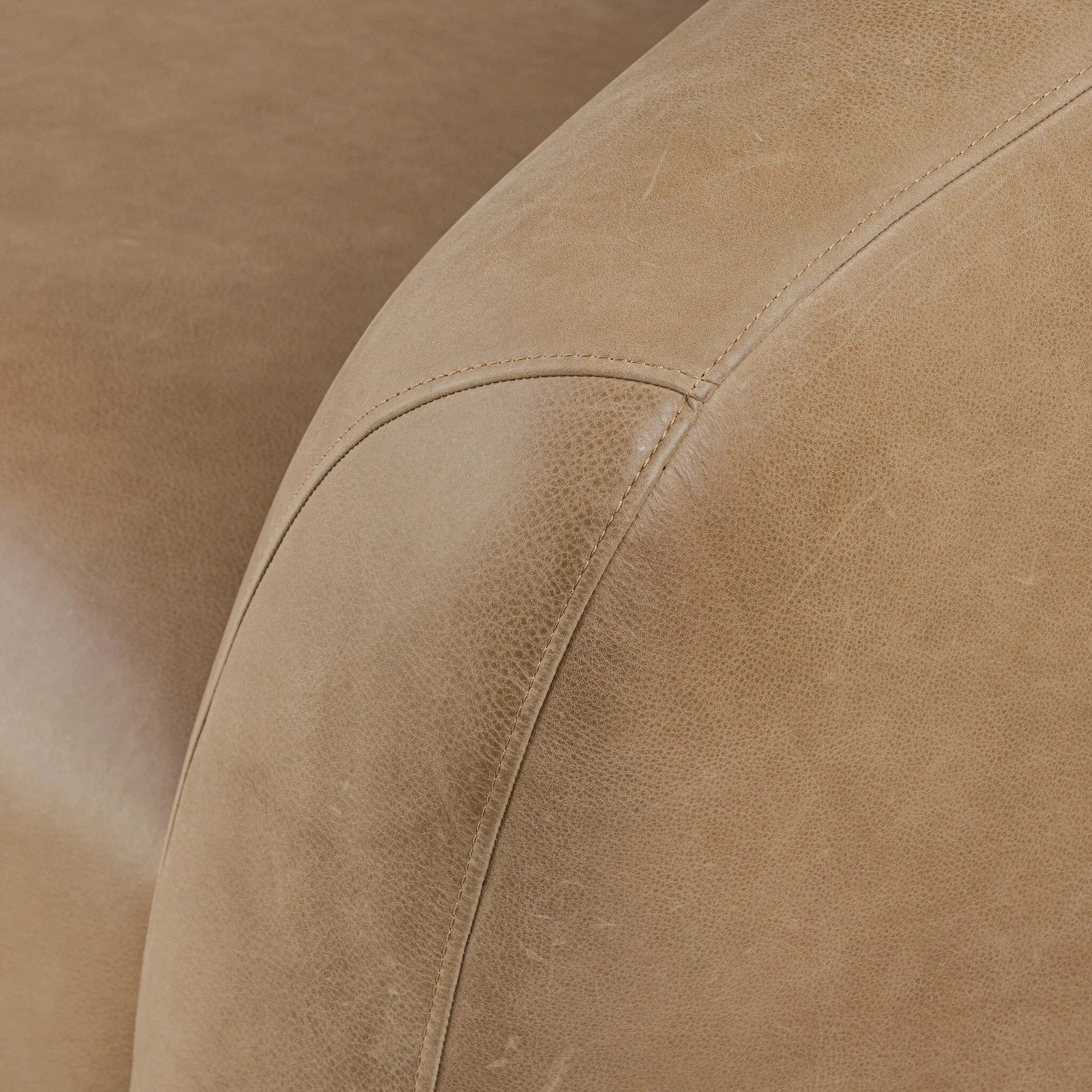Meet modern comfort. Clean curves, impeccable tailoring and taupe top-grain leather with a pronounced grain bring an elevated, European-inspired look to this sofa Amethyst Home provides interior design, new home construction design consulting, vintage area rugs, and lighting in the Omaha metro area.