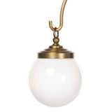 A chandelier inspired by Art Deco, featuring a pair of glass globes suspended from graciously curved iron arms finished in aged brass Amethyst Home provides interior design, new home construction design consulting, vintage area rugs, and lighting in the Park City metro area.