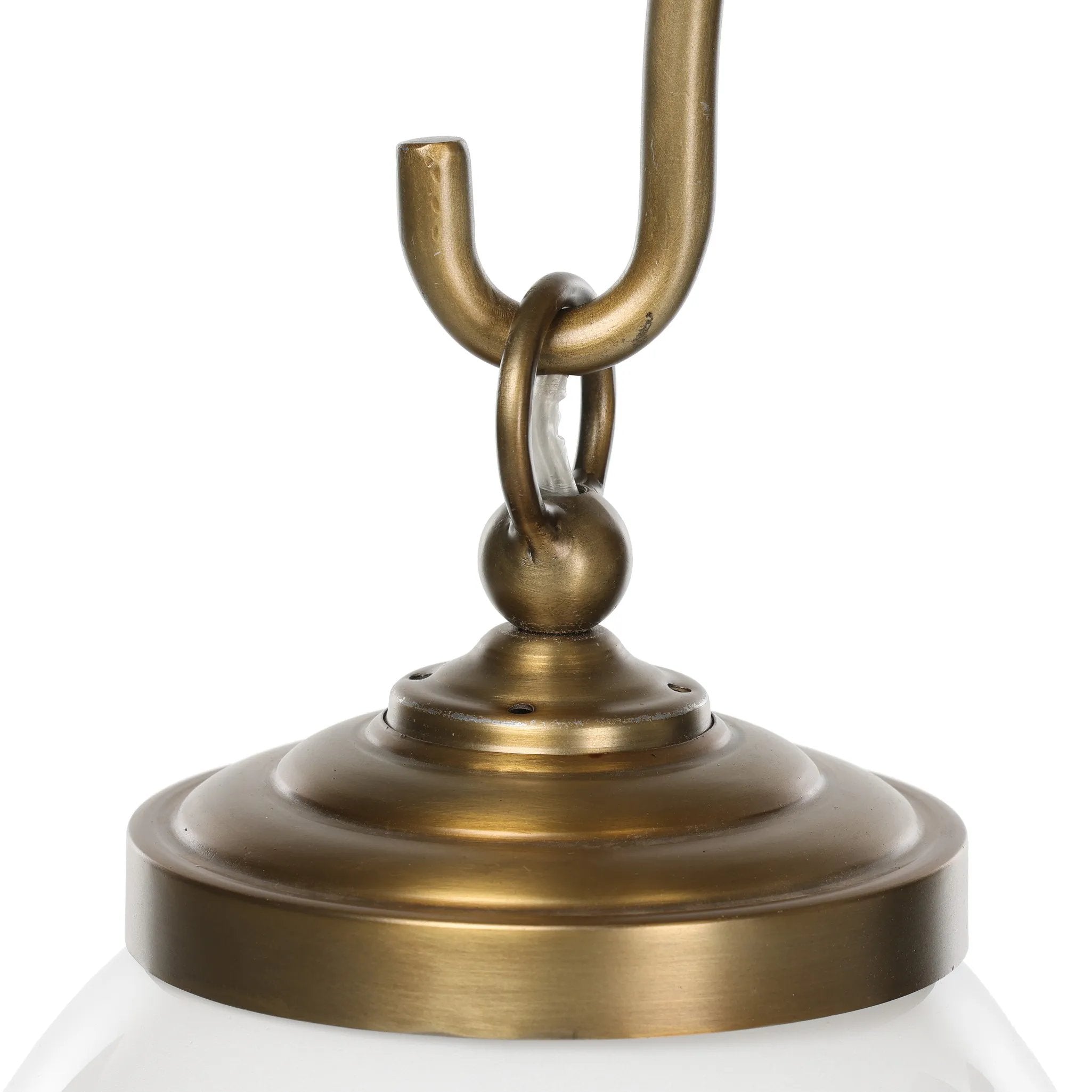 A chandelier inspired by Art Deco, featuring a pair of glass globes suspended from graciously curved iron arms finished in aged brass Amethyst Home provides interior design, new home construction design consulting, vintage area rugs, and lighting in the San Diego metro area.