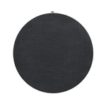 Wrapped in black painted linen, a rounded nightstand features a single drawer and tapered pedestal base, bringing texture plus storage to the bedside Amethyst Home provides interior design, new home construction design consulting, vintage area rugs, and lighting in the Monterey metro area.