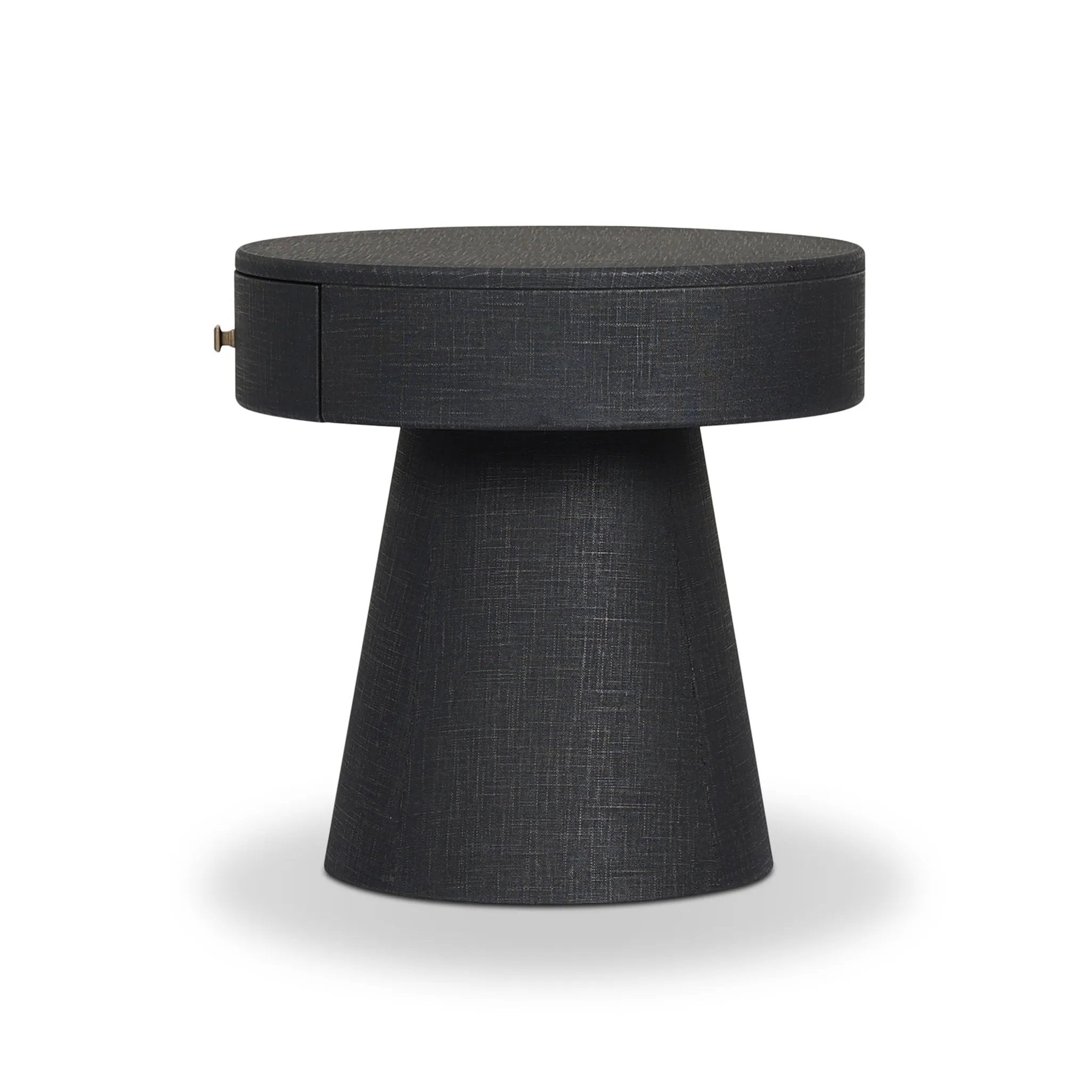 Wrapped in black painted linen, a rounded nightstand features a single drawer and tapered pedestal base, bringing texture plus storage to the bedside Amethyst Home provides interior design, new home construction design consulting, vintage area rugs, and lighting in the San Diego metro area.