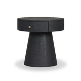 Wrapped in black painted linen, a rounded nightstand features a single drawer and tapered pedestal base, bringing texture plus storage to the bedside Amethyst Home provides interior design, new home construction design consulting, vintage area rugs, and lighting in the Scottsdale metro area.