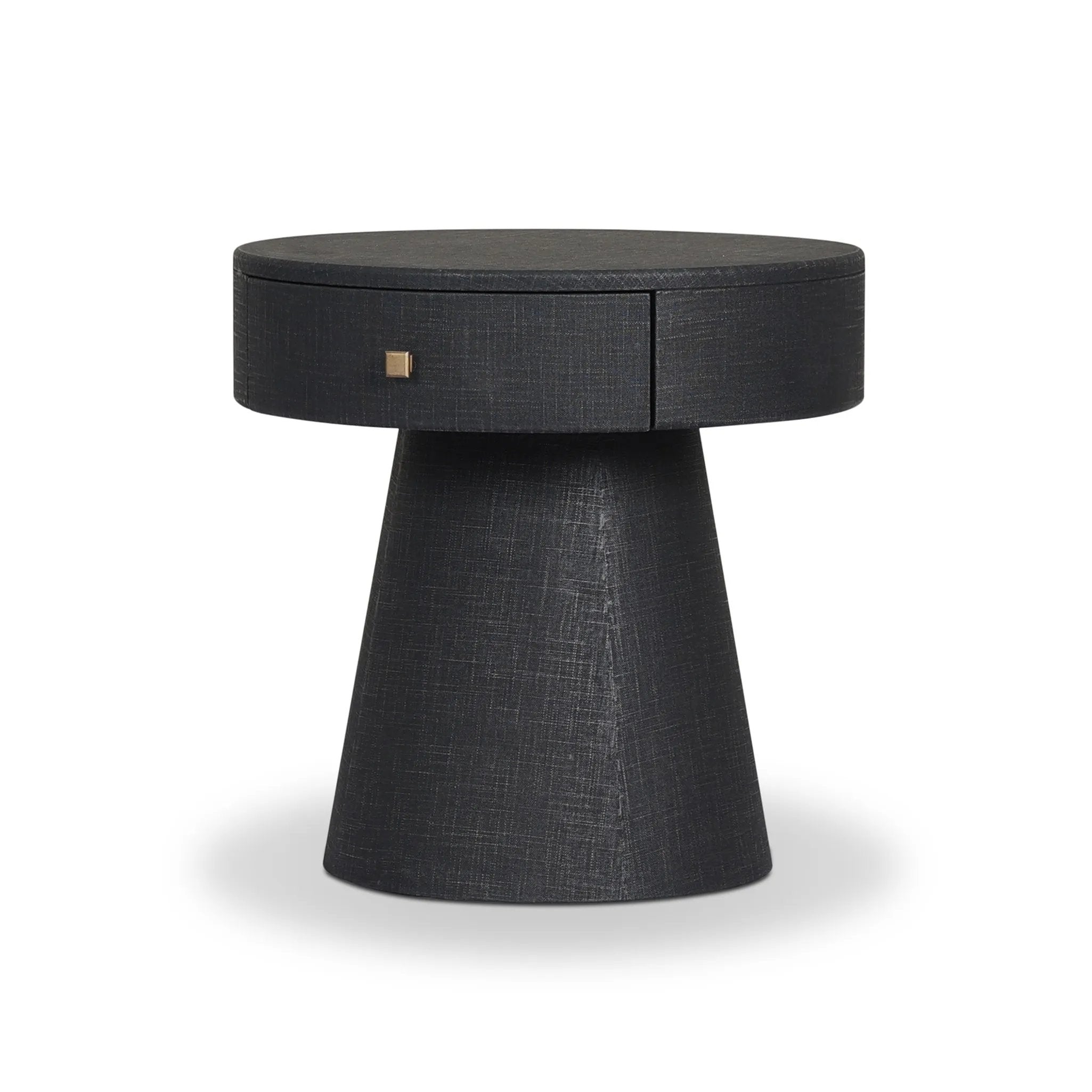 Wrapped in black painted linen, a rounded nightstand features a single drawer and tapered pedestal base, bringing texture plus storage to the bedside Amethyst Home provides interior design, new home construction design consulting, vintage area rugs, and lighting in the Scottsdale metro area.