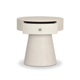 Wrapped in ivory painted linen, a rounded nightstand features a single drawer and tapered pedestal base, bringing crisp texture plus storage to the bedside Amethyst Home provides interior design, new home construction design consulting, vintage area rugs, and lighting in the Portland metro area.