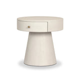 Wrapped in ivory painted linen, a rounded nightstand features a single drawer and tapered pedestal base, bringing crisp texture plus storage to the bedside Amethyst Home provides interior design, new home construction design consulting, vintage area rugs, and lighting in the San Diego metro area.