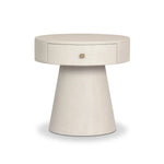 Wrapped in ivory painted linen, a rounded nightstand features a single drawer and tapered pedestal base, bringing crisp texture plus storage to the bedside Amethyst Home provides interior design, new home construction design consulting, vintage area rugs, and lighting in the Scottsdale metro area.