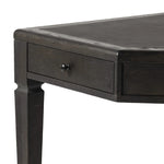 This refreshed directoire-style desk pairs a 100% top-grain leather inset top with a unique reverse breakfront and recessed center drawer. Finished in distressed black oak, it offers the workspace a classic yet updated feel.Collection: Allsto Amethyst Home provides interior design, new home construction design consulting, vintage area rugs, and lighting in the Miami metro area.