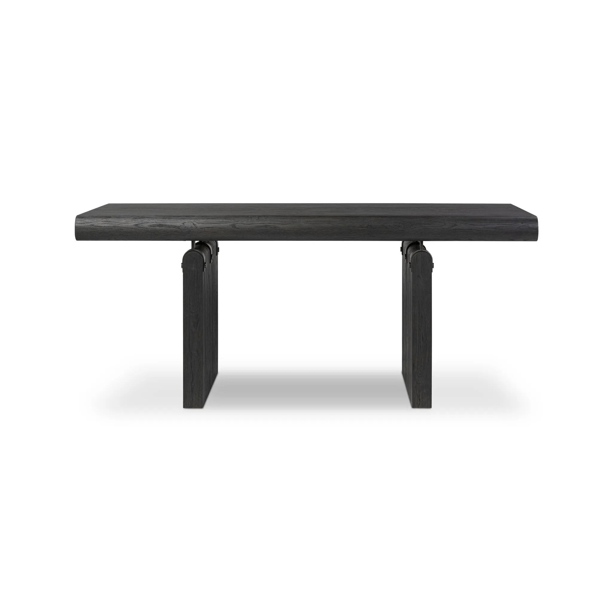 Bring a beautifully contoured look to your workspace with a desk inspired by Italian postmodernism. Connected by iron brackets, a dual-panel base supports a spacious tabletop of worn black oak, crafting a float-like look. Four drawers keep frequently used items within reach Amethyst Home provides interior design, new home construction design consulting, vintage area rugs, and lighting in the Calabasas metro area.