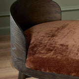 Featuring Cloris Altair Sienna Swivel Bar + Counter Stool by Four Hands at Amethyst Home. Channel vintage vibes with a swivel stool perfectly sized for the bar. Crafted of dark-finished oak, a low, molded back adds a playful touch, while an upholstered seat offers comfort and color. Finished off with a memory swivel to ensure the stool's curved wood back . Amethyst Home provides interior design, new home construction design consulting, vintage area rugs, and lighting in the Kansas City metro area.