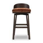 Featuring Cloris Altair Sienna Swivel Bar + Counter Stool by Four Hands at Amethyst Home. Channel vintage vibes with a swivel stool perfectly sized for the bar. Crafted of dark-finished oak, a low, molded back adds a playful touch, while an upholstered seat offers comfort and color. Finished off with a memory swivel to ensure the stool's curved wood back sta. Amethyst Home provides interior design, new home construction design consulting, vintage area rugs, and lighting in the Monterey metro area.