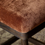 Featuring Cloris Altair Sienna Swivel Bar + Counter Stool by Four Hands at Amethyst Home. Channel vintage vibes with a swivel stool perfectly sized for the bar. Crafted of dark-finished oak, a low, molded back adds a playful touch, while an upholstered seat offers comfort and color. Finished off with a memory swivel to ensure the stool's curved wood back st. Amethyst Home provides interior design, new home construction design consulting, vintage area rugs, and lighting in the San Diego metro area.