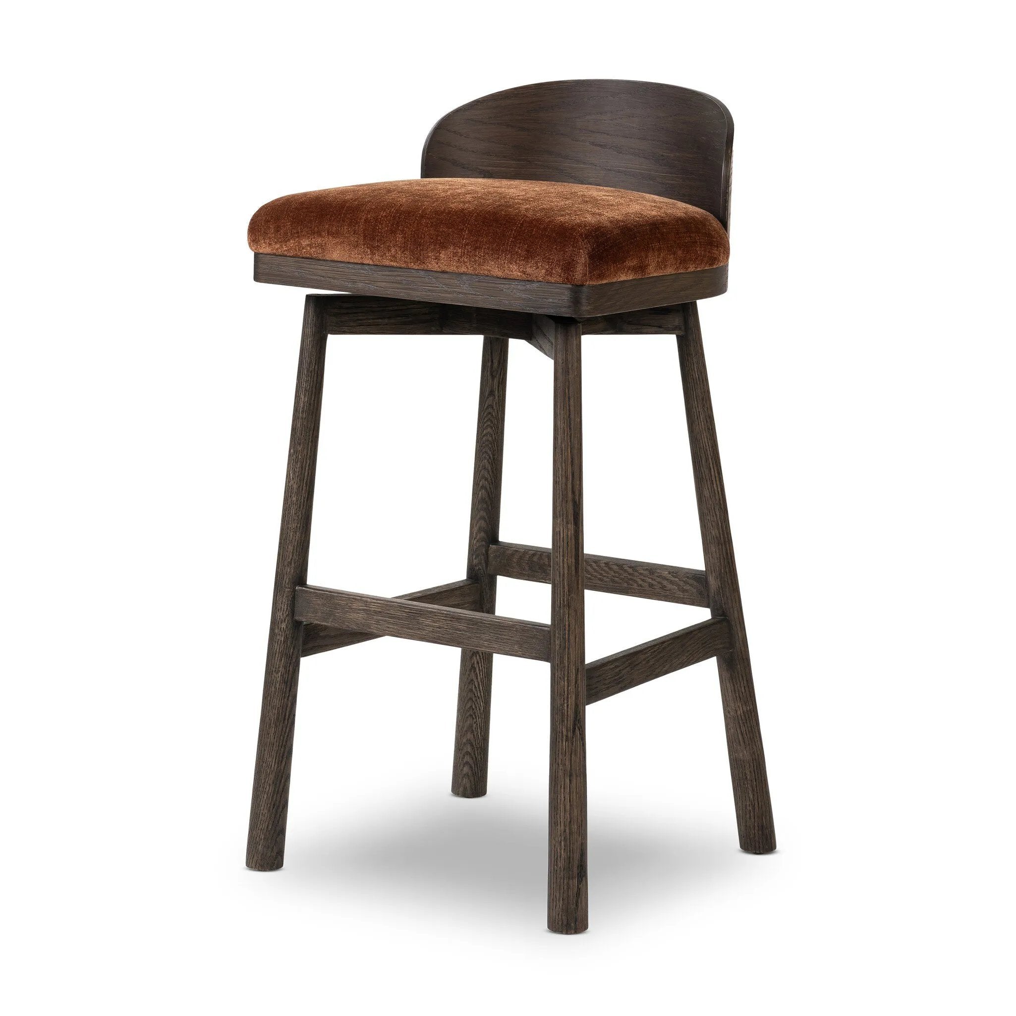 Featuring Cloris Altair Sienna Swivel Bar + Counter Stool by Four Hands at Amethyst Home. Channel vintage vibes with a swivel stool perfectly sized for the bar. Crafted of dark-finished oak, a low, molded back adds a playful touch, while an upholstered seat offers comfort and color. Finished off with a memory swivel to ensure the stool's curved wood back s. Amethyst Home provides interior design, new home construction design consulting, vintage area rugs, and lighting in the Washington metro area.