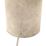 Sculpted Italian taupe marble forms the cylindrical base of this substantial-feeling lamp, topped with a flax-linen dome shade. Fixed with metal boning interior and a brass cylinder finial Amethyst Home provides interior design, new home construction design consulting, vintage area rugs, and lighting in the Seattle metro area.
