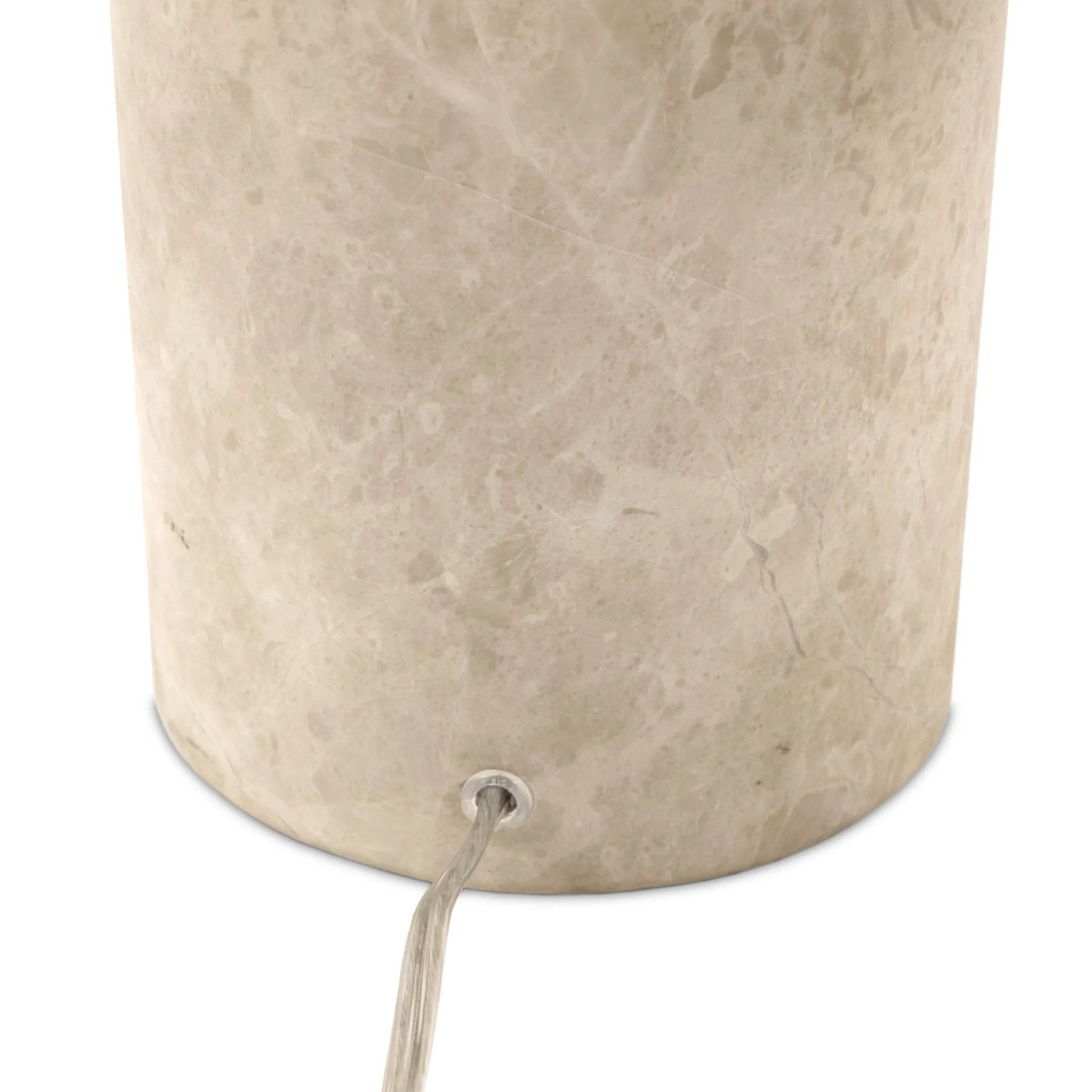 Sculpted Italian taupe marble forms the cylindrical base of this substantial-feeling lamp, topped with a flax-linen dome shade. Fixed with metal boning interior and a brass cylinder finial Amethyst Home provides interior design, new home construction design consulting, vintage area rugs, and lighting in the Seattle metro area.