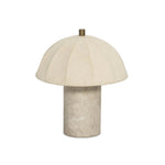 Sculpted Italian taupe marble forms the cylindrical base of this substantial-feeling lamp, topped with a flax-linen dome shade. Fixed with metal boning interior and a brass cylinder finial Amethyst Home provides interior design, new home construction design consulting, vintage area rugs, and lighting in the Washington metro area.