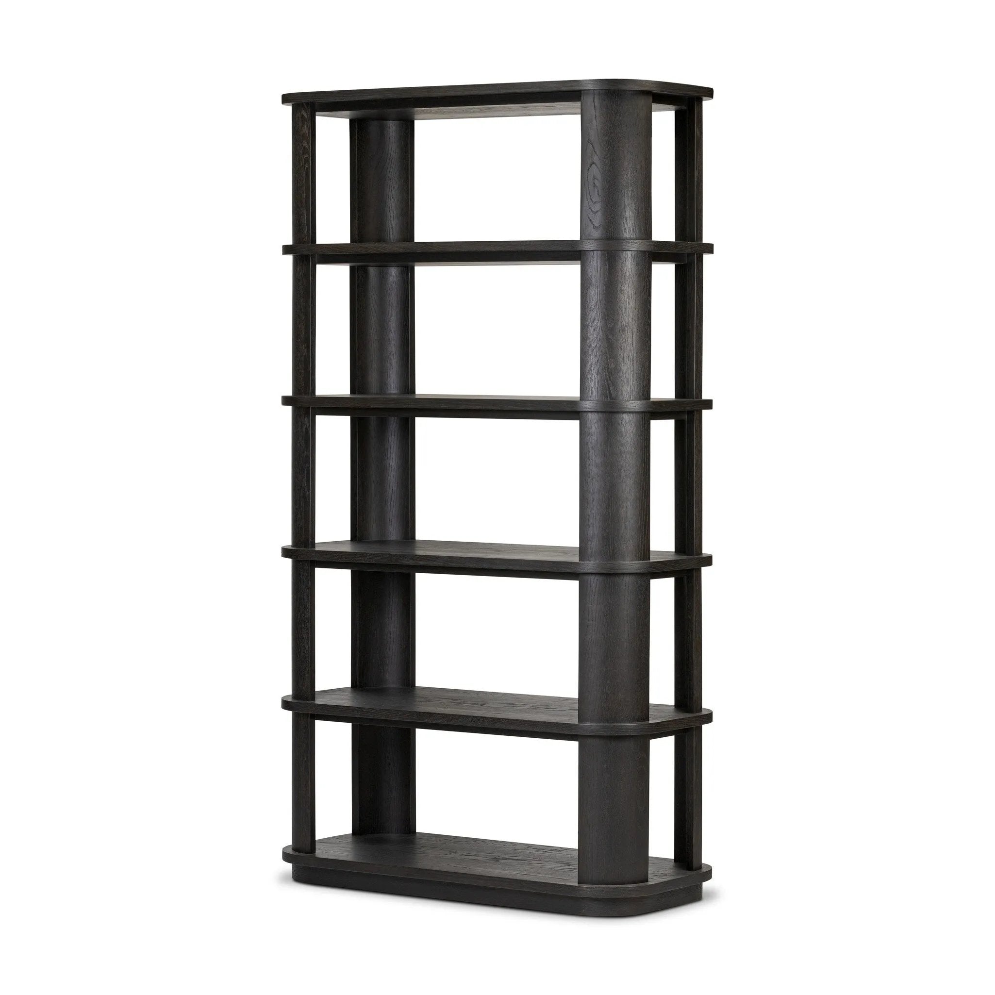 Unexpected contours give this bookcase its warm, modern vibe. Crafted oak veneer with a worn black finish, rounded legs are inset from the shelves with a plinth-like effect Amethyst Home provides interior design, new home construction design consulting, vintage area rugs, and lighting in the Boston metro area.