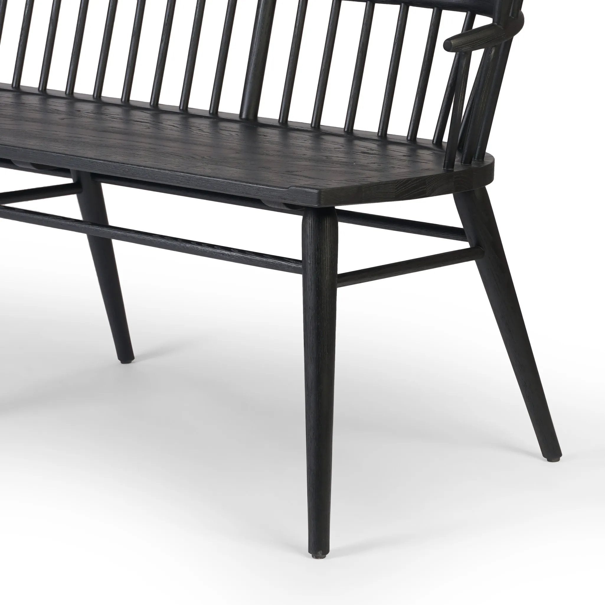 Featuring Connor Black Ash Bench by Four Hands at Amethyst Home. The classic Windsor, modernized. Dining bench of black-finished solid ash features a double-tiered back and finely sculpted frame.Overall Dimensions: 72.00"w x 24.75"d x 35.25"hWeight : 48.50 lbsMaterials: Solid Ash. Amethyst Home provides interior design, new home construction design consulting, vintage area rugs, and lighting in the Boston metro area.