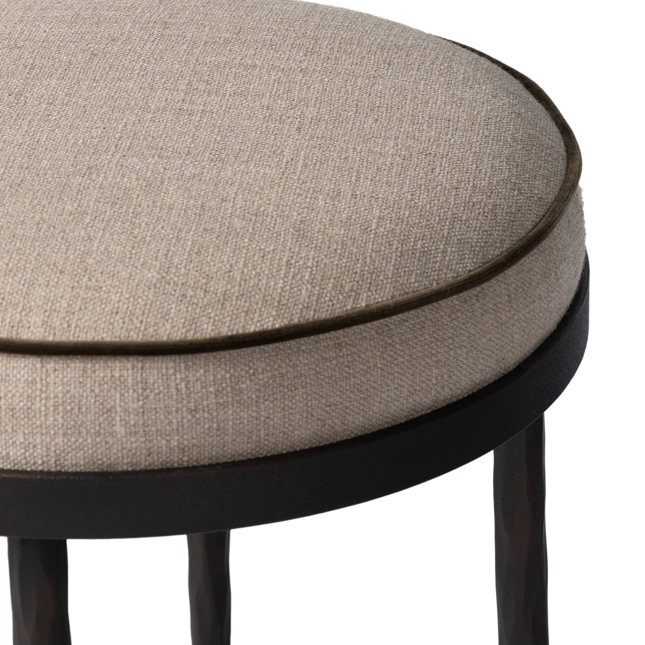 Featuring Corinne Alcala Taupe Bar + Counter Stool by Four Hands at Amethyst Home. Hammered iron legs with ball-shaped foot details elevate this simply shaped bar stool. A round, cushioned seat upholstered in performance fabric offers a clean, inviting look. Performance fabrics are specially created to withstand spills, stains, high traffic and wear, ensuring l. Amethyst Home provides interior design, new home construction design consulting, vintage area rugs, and lighting in the Miami metro area.