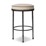Featuring Corinne Alcala Taupe Bar + Counter Stool by Four Hands at Amethyst Home. Hammered iron legs with ball-shaped foot details elevate this simply shaped bar stool. A round, cushioned seat upholstered in performance fabric offers a clean, inviting look. Performance fabrics are specially created to withstand spills, stains, high traffic and wear, ensuri. Amethyst Home provides interior design, new home construction design consulting, vintage area rugs, and lighting in the San Diego metro area.
